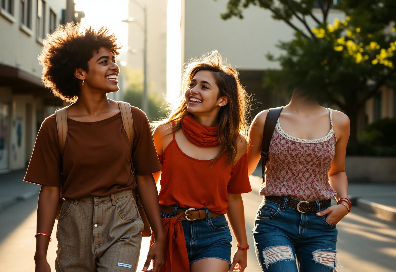 Three young creators laughing in golden sunlight