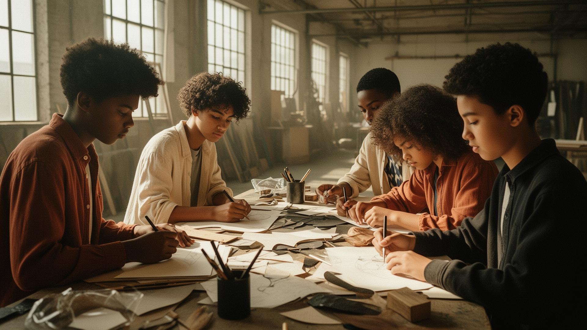 Young creators sketching together in a sunlit studio