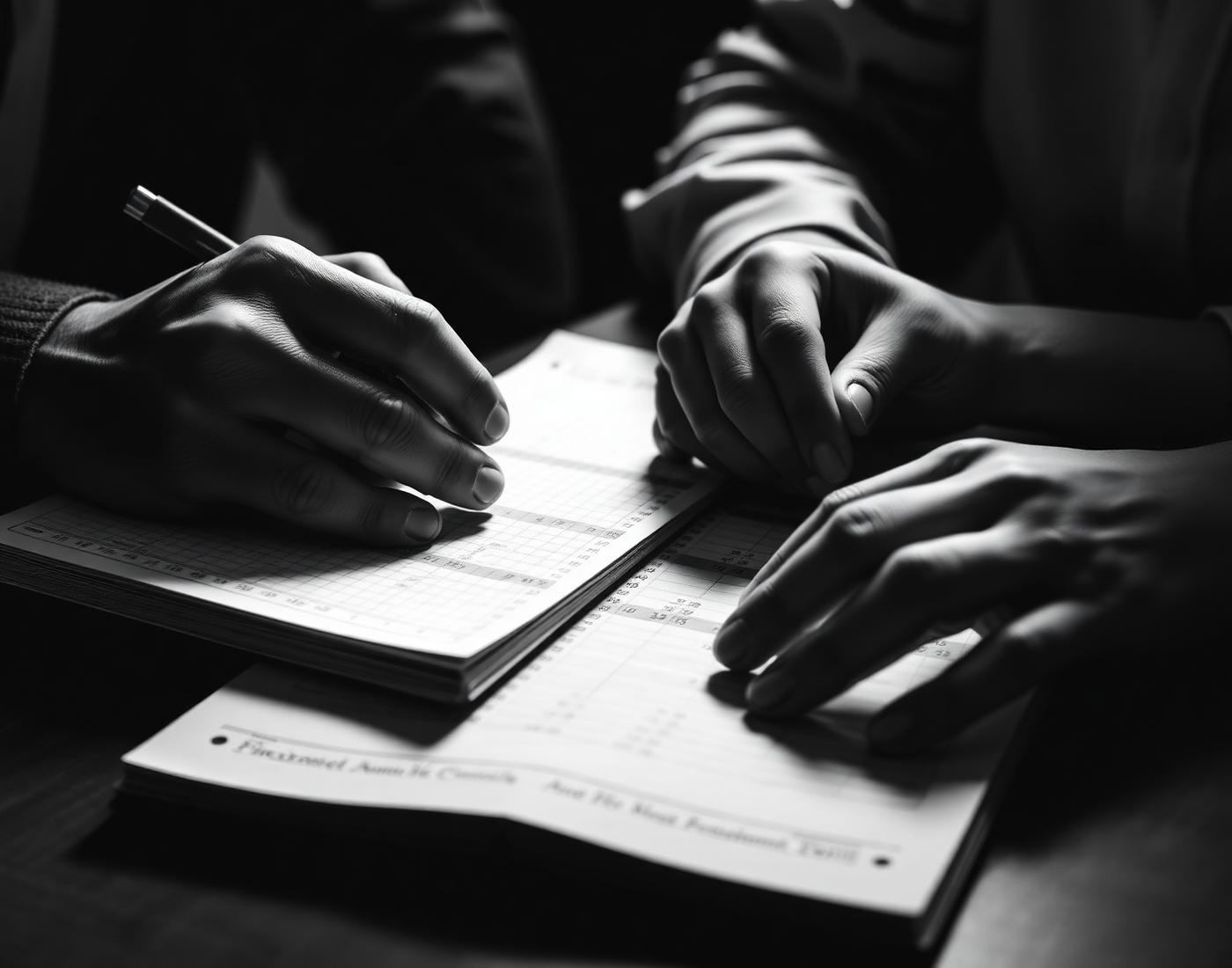 Hands of a mentor guiding a teenager through a ledger